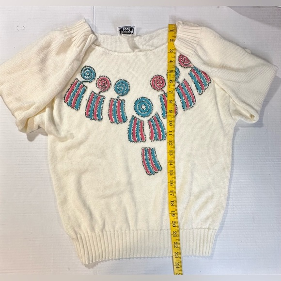 Vintage Kenneth Too Ivory Aztec Pullover Sweater Turquoise Embellished Sz S/M - Picture 6 of 12